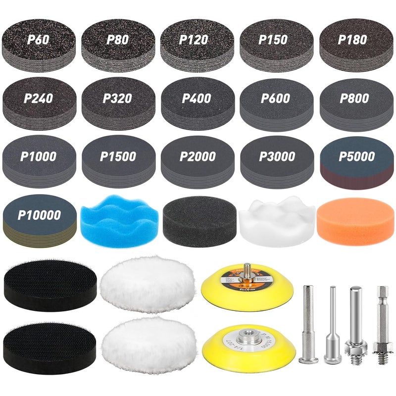Pukamam 174 PCS 3 Inch Wet Dry Sanding Discs Grit 60 80 120 150 180 240 320 400 600 800 1000 1500 2000 3000 5000 10000 Hook and Loop for Drill Sanding Attachment - Image 1